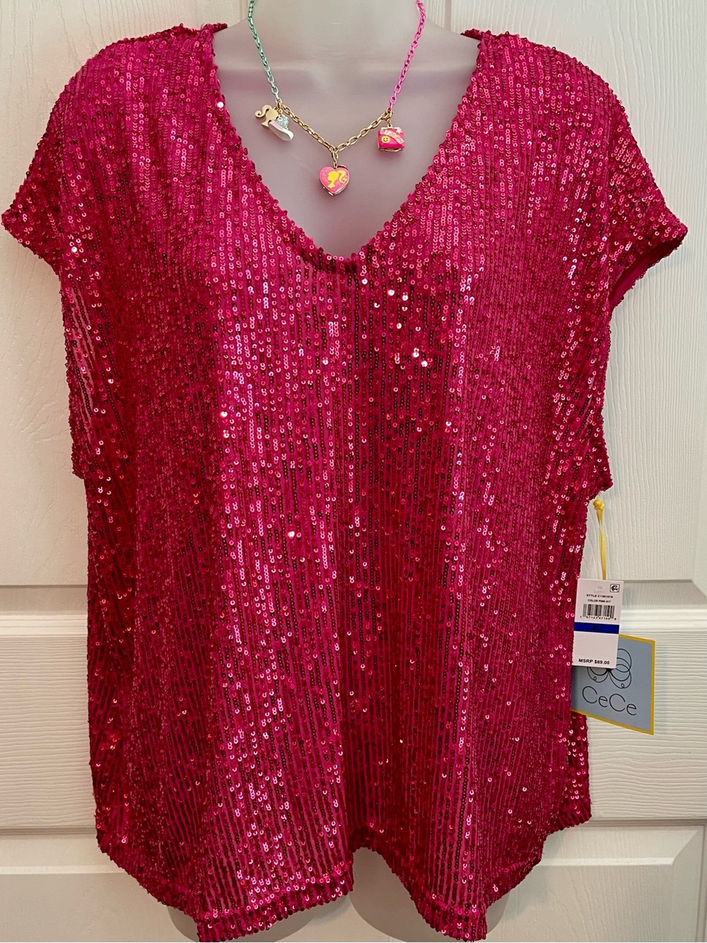 NWT CeCe Pink Sequin V-Neck Women's Top MISSES SIZE XL